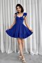 Women's atlas fabric chest supported lacing strap designed flared cobalt blue mini evening dress 236
