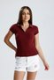 Women's Burgundy Polo Neck Camisole T-Shirt – Short Sleeve, Buttonless, Fitted Knitted Fabric