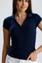 Women's Navy Blue Polo Neck Camisole T-Shirt – Short Sleeve, Buttonless, Bodycon Knitted Fabric - 4