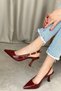 Burgundy Patent Leather Buckle Women's Pointed Heeled Shoes - 5