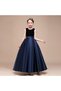 Girls' Dark Blue Crew Neck Velvet Evening Dress Skirt Satin Dress - 3