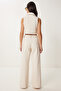 Denim Vest Pants Suit Cream Lok0012 - 7