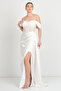Women's Strap Top Size See-Through and Sequined Satin Long Evening Dress 2437 Ecru