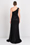 Women's One Shoulder Full Stone Fish Form Evening Dress 5523 Black - 4