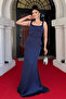 Satin Fabric Back Fish Maxi Dress - Dark Blue - 2