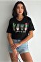 Women's Black 100% Cotton Plus Size T-Shirt V-Neck Cactus Sequins Embroidered - 4