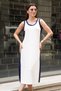 Women's White Side Stripe Detailed Round Neck Thick Strap Midi Slit Modal Dress - 4