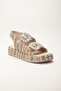 Women's Wedge Heel Sandals Nude Double Strap Straw Material Stone Buckle - 4