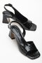 Women's Heeled Sandals Shoes Black Patent Leather Crocodile Printed Tan Stone Buckle