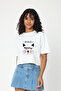 Women's Crew Neck Cat Miow Printed Crop T-Shirt