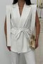 Women's Bottom Top Double Suit Striped Shoulder Detailed Belted Vest Pants Suit - 7