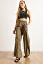Women's Khaki Modal Elastic Waist Pocketed Draped Trousers Pnt-19000353
