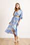 Women's Blue Double Breasted Collar Elastic Waist Slit Maxi Dress Elb-19002460 - 6