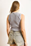 Women's Gray Crew Neck Pleated Crop Blouse Blz-19003036 - 2