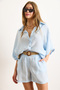 Women's Baby Blue Modal Top Shirt Bottom Belt Shorts Set Tkm-19000403 - 4