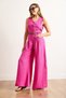 Women's Fuchsia Buttoned Pocket Belted Wide Leg Jumpsuit Tlm-19000157 - 4