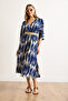 Women's Navy Blue Double Breasted Collar Elastic Waist Slit Maxi Dress Elb-19002460 - 4