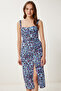 Patterned Strap Midi Viscose Dress Blue Black Lfg0015 - 3