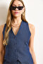 Women's Navy Blue Fleto Pocket Buttoned Lined Denim Vest Ylk-19000074 - 5