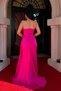 Satin Fabric Strapless Evening Dress with Shawl Detail - Fuchia - 5