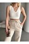 Women's Ecru Round Neck Zero Sleeve Viscose Elasthane Camisole Crop