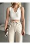 Women's Ecru Round Neck Zero Sleeve Viscose Elasthane Camisole Crop - 3