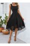 Imported Crepe Strap Women's Dress – Geometric Neckline and Laser Cut Flower Detail