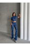 Women's Wave Pattern Blue Turtleneck Crop Blouse and Spanish Leg Pants Suit