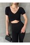 Women's Black Double Breasted Detailed Camisole Crop Blouse