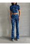 Women's Wave Pattern Blue Turtleneck Crop Blouse and Spanish Leg Pants Suit - 4