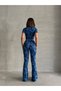 Women's Wave Pattern Blue Turtleneck Crop Blouse and Spanish Leg Pants Suit - 8