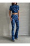 Women's Wave Pattern Blue Turtleneck Crop Blouse and Spanish Leg Pants Suit - 5
