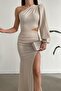 Beige Waist Low-Cut Imported Crepe Fabric One Sleeve Evening Dress - 2