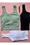 Cotton Camisole Striped Fabric Fixed Pad 3-Piece White, Black, Green Women's Half Undershirt