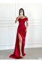Draped Collar Satin Fabric Slit Tail Detail Long Dress 582553 746 - 2