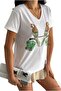 Women's White V-Neck Shoulder Parrot Pattern Sequin Embroidered 100% Cotton T-Shirt S-M-L - 6