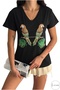 Women's Black V-Neck Parrot Pattern Sequin Embroidered 100% Cotton T-Shirt S-M-L - 2