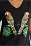 Women's Black V-Neck Parrot Pattern Sequin Embroidered 100% Cotton T-Shirt S-M-L