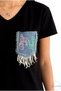 Woman's Black V-Neck Denim Jeans Pocketed Sequin Embroidered Tasseled 100% Cotton T-Shirt - 3
