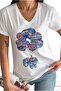 Women's White Balloon Elephant Pattern Colorful Sequins Sequin Embroidered V-Neck 100% Cotton T-Shirt - 2
