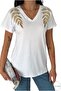 Women's White Shoulder Gold Leaf Sequins Sequins Embroidered 100% Cotton Short Sleeve T-Shirt S-M-L - 4