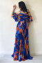 Women's Patterned Strapless Strapless Chest Draped Evening Dress with Detachable Sleeve Detail Cobalt Blue, Fuchsia - 5