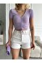 Women's Lilac V Neck Short Sleeve Viscose Elasthane Drawstring Shirring Camisole Crop - 3