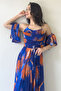 Women's Patterned Strapless Strapless Chest Draped Evening Dress with Detachable Sleeve Detail Cobalt Blue, Fuchsia - 6