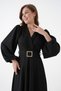 Women's Black Crepe Fabric Double Breasted Collar Balloon Sleeve Belt and Wadding Detail Midi Dress 77132