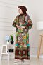 Half Button Robe Patch Pattern Dress-Brown - 3