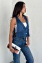Women's Blue Buttoned Pocket Design Denim Vest - 5