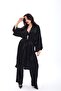 Women's Black Silk Satin Pants Kimono Suit - 5