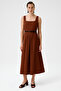 Brown Square Neck Belt Detailed Long Dress