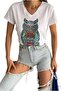 Women's White Owl Sequin Embroidered Plus Size Cotton T-Shirt - 5